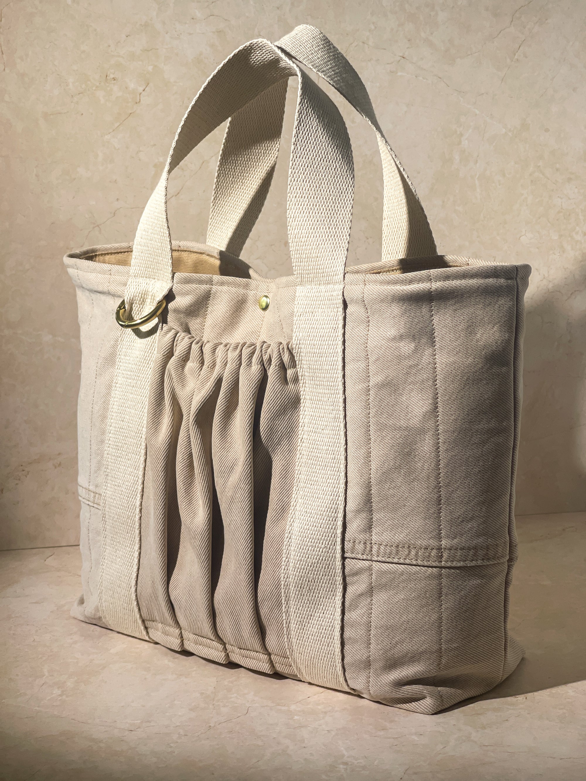 Medium Quilted Tote Bag - Upcycled Beige Denim