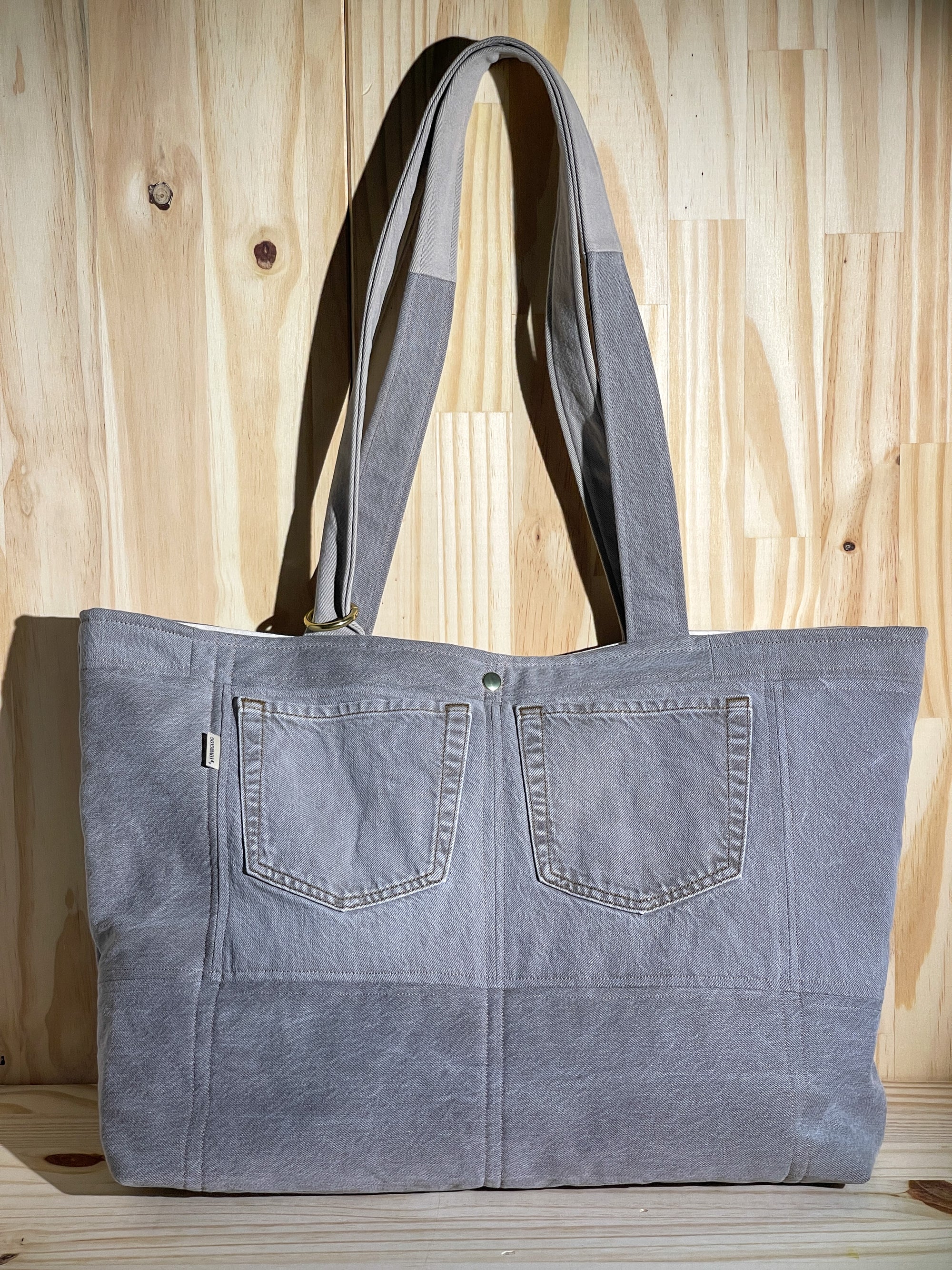 Upcycled Large Quilted Tote Bag - Khaki Denim