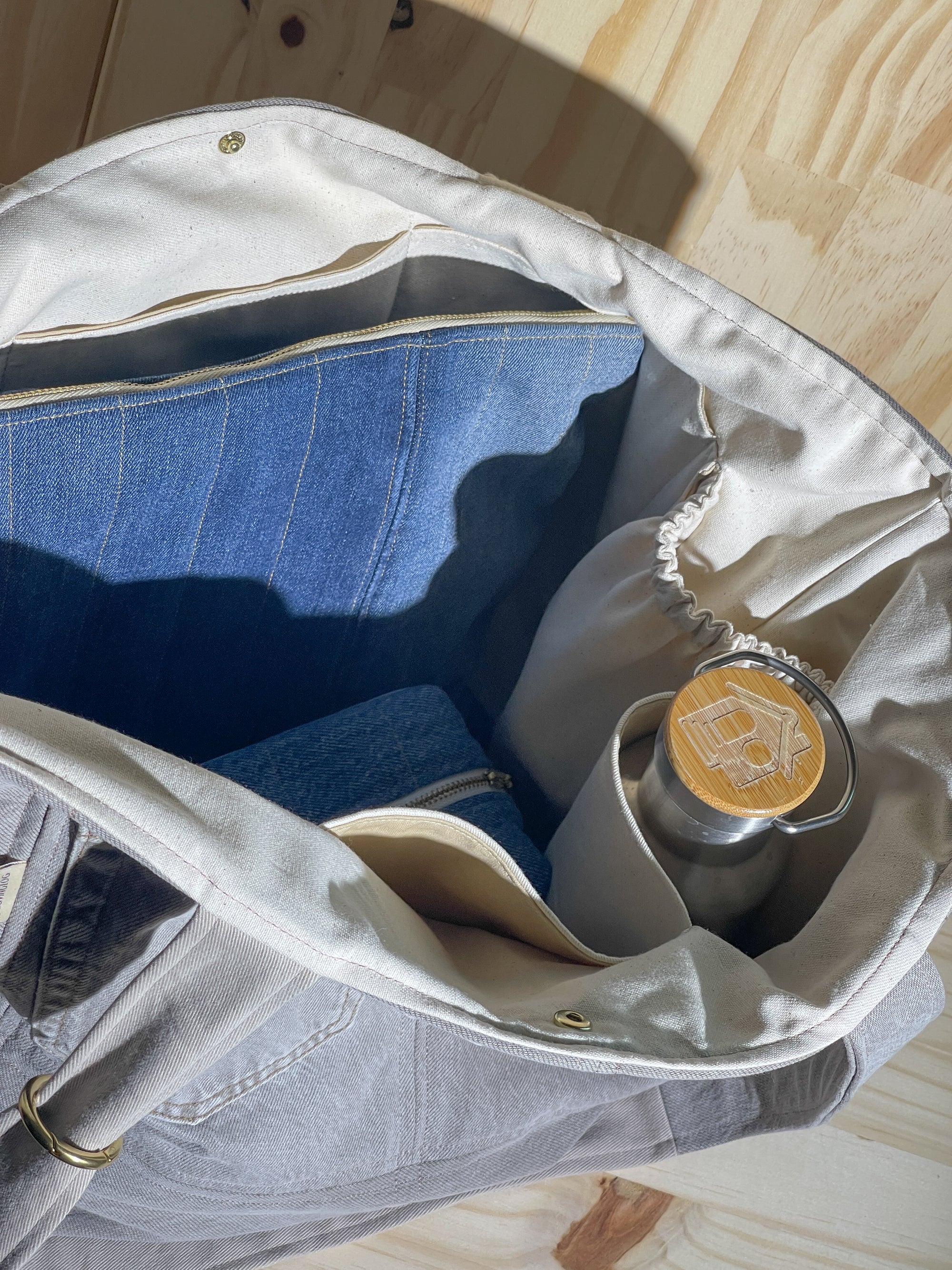 Upcycled Large Quilted Tote Bag - Khaki Denim