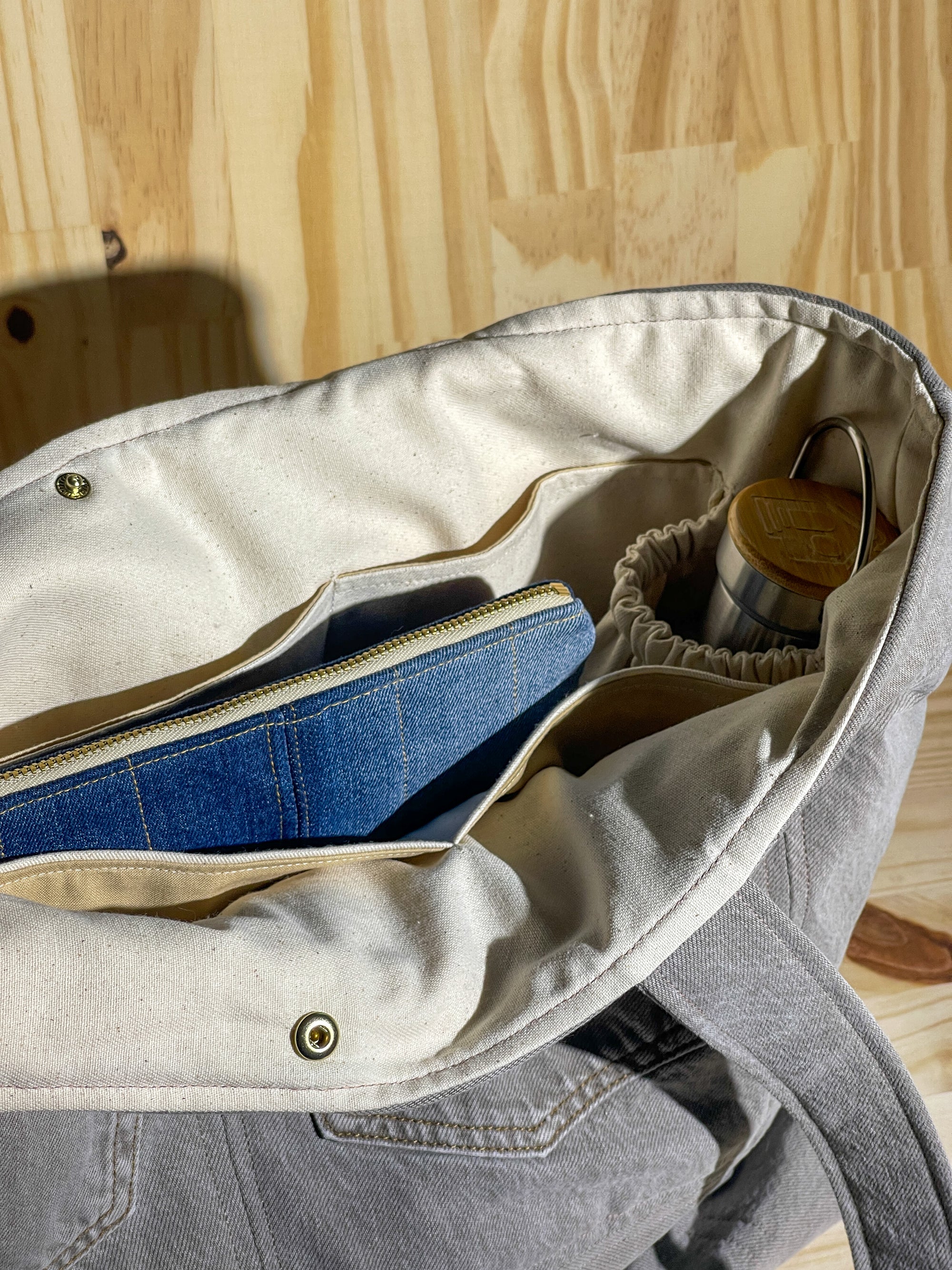 Upcycled Large Quilted Tote Bag - Khaki Denim