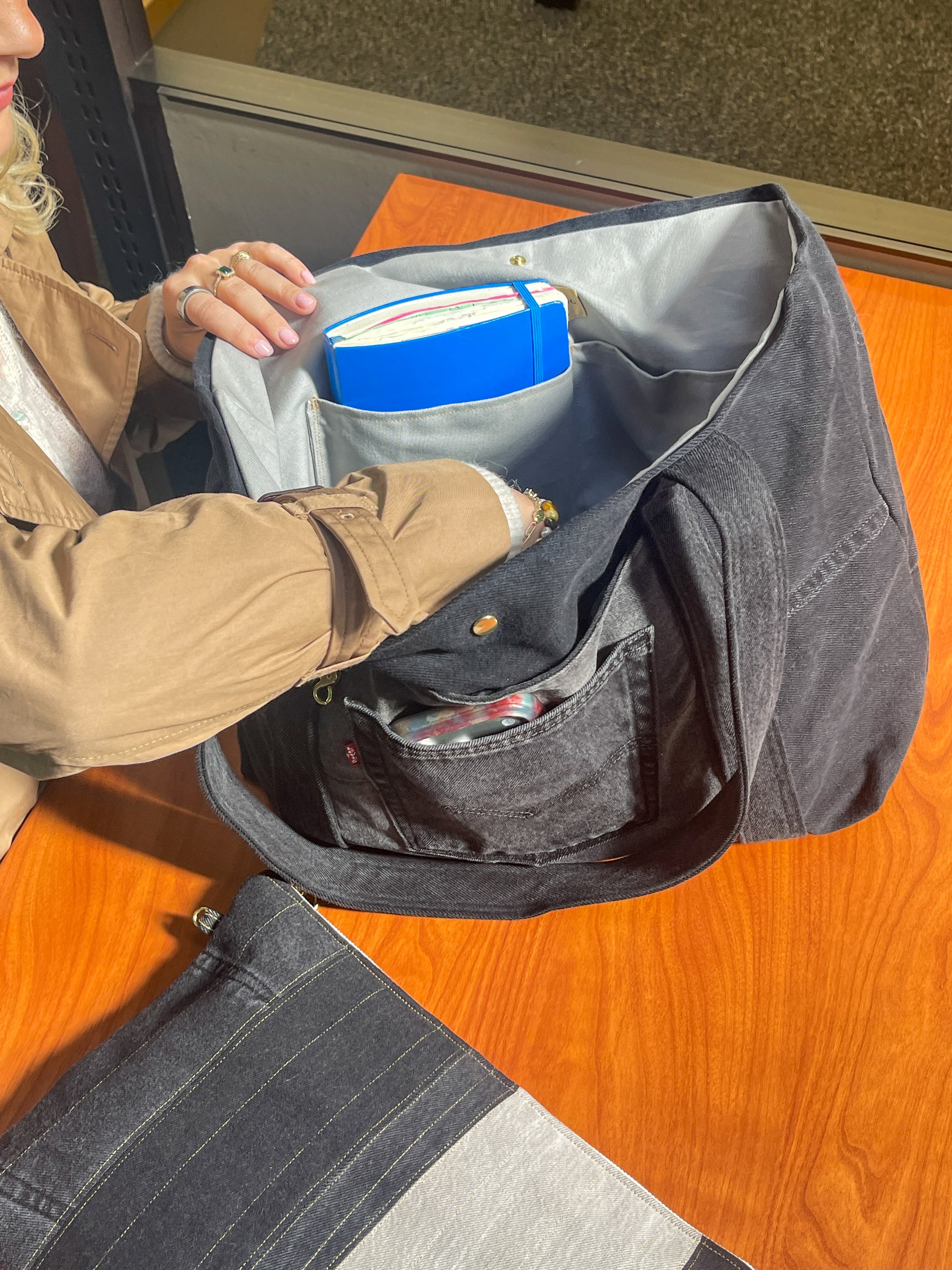 Upcycled Large Tote Bag - Black Denim Jeans {